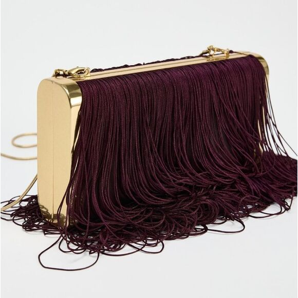 NWT ZARA FRINGE CLUTCH GOLD AND BURGUNDY - Picture 1 of 9